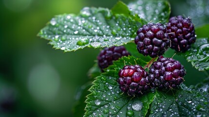Lucky blackberries with dewdrops, macro photography, closeup on green leaves, water droplets