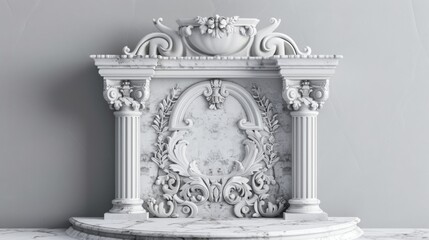 A detailed marble fireplace mantel showcasing elaborate Baroque-style carvings, including floral motifs and fluted columns, against a light gray wall.