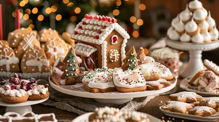 An image of a festive dessert spread featuring gingerbread houses, sugar cookies, and holiday-themed treats, perfect for a seasonal celebration.