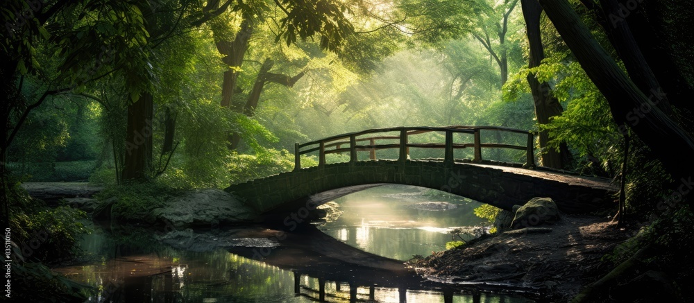 Poster Sunlight filters through the lush forest canopy illuminating a small white bridge, leading to the depths of the woods, creating a serene copy space image.