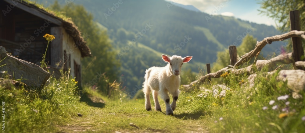 Poster small goat walking in a picturesque countryside setting with copy space image available.