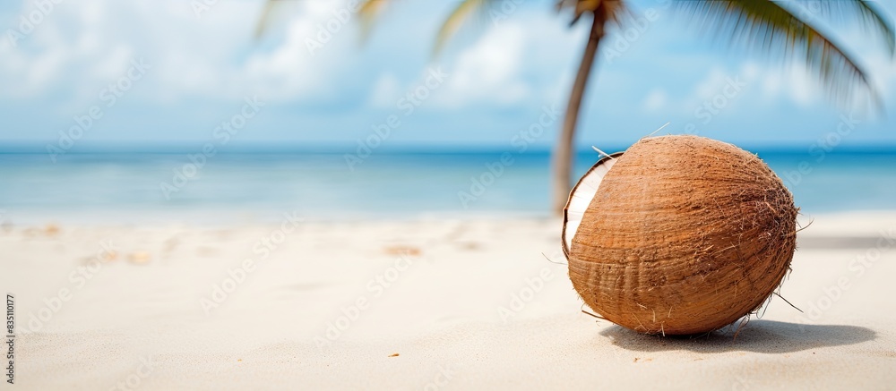 Poster coconut resting on sandy beach with copy space image available.