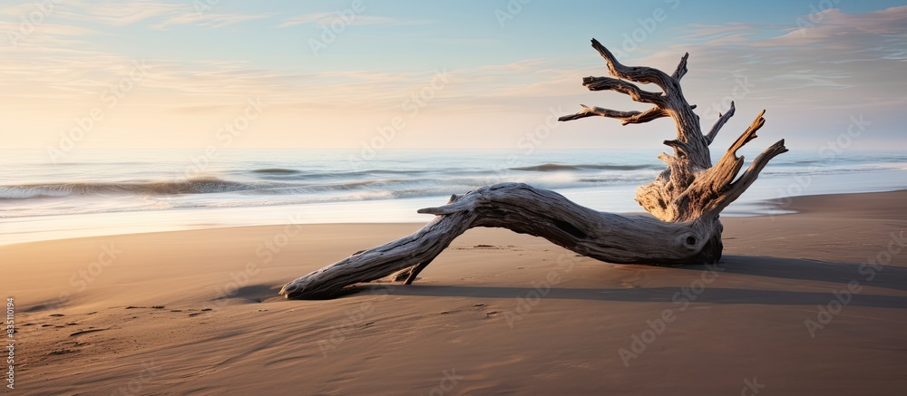 Poster a weathered tree trunk rests on the sandy shore, with ample copy space image.