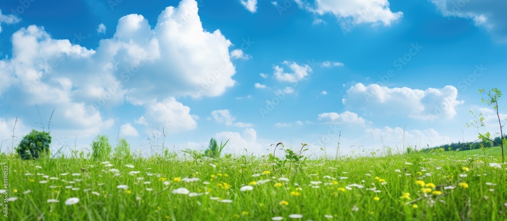 Aufkleber vibrant green grass and leaves contrasting with a clear blue sky and fluffy white clouds, creating a