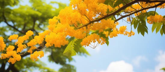 Close up view of the Yellow Saraca asoca, also known as Ashoka tree, with copy space image titled "Bunga Asoka."