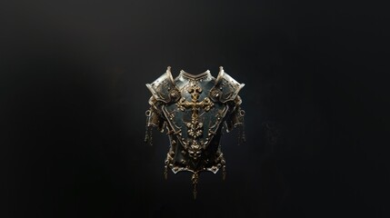 The Holy Knight: Armor of Christ. Medieval armor  with ornate decorations, cross and floral motifs on black background.