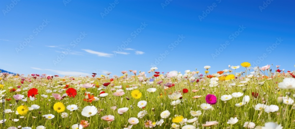 Poster spring flower field with a clear blue sky in the background, providing a picturesque copy space imag