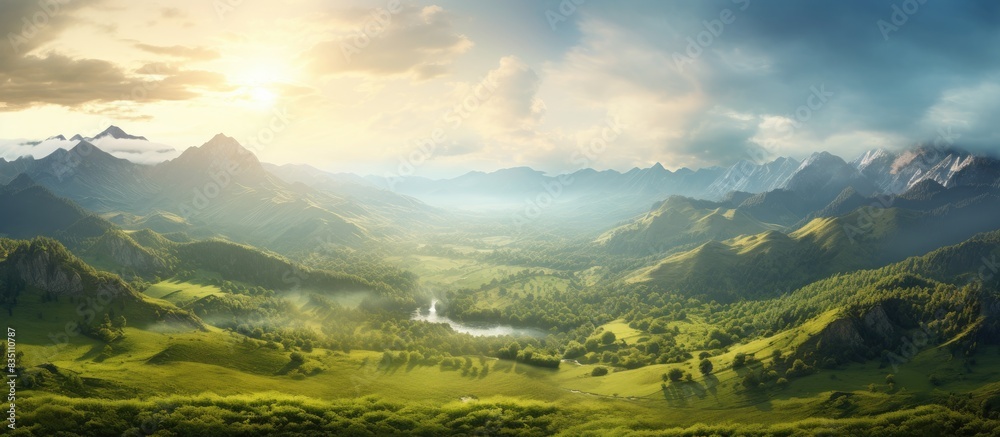 Poster scenic mountain valley illuminated by sunlight, displaying a vibrant landscape with a perfect backgr