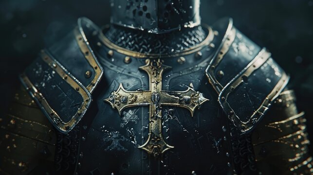 The Holy Knight: Armor of Christ. Medieval armor with ornate decorations, cross and floral motifs on black background.

