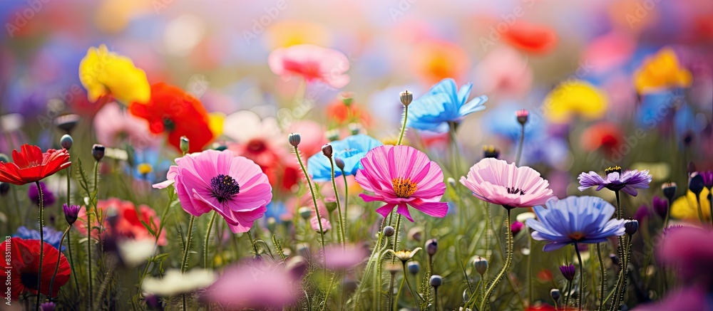 Poster Colorful wildflowers bloom in a spring meadow, creating a vibrant background for a copy space image.