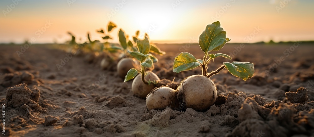 Poster potato plants withering due to lack of water, in cracked soil during a dry spell impacted by climate