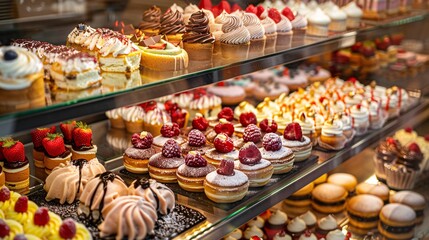 An image of a high-end pastry shop display case, filled with an array of beautifully crafted desserts, from eclairs to macarons.