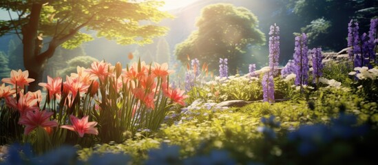 Lush and vibrant flowers bloom in a botanical garden setting, creating a picturesque scene with copy space image.