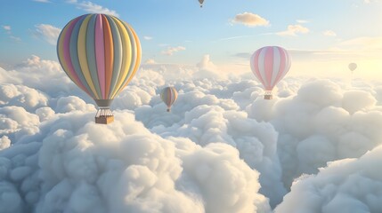 Naklejka premium Majestic Hot Air Balloons Floating Amidst Ethereal Clouds in Serene Aerial Landscape