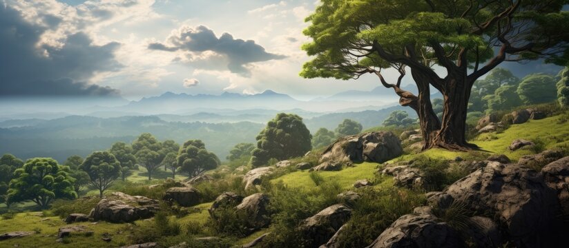 Sal Trees forest thriving on hilly terrain with a stunning background ready for a copy space image.