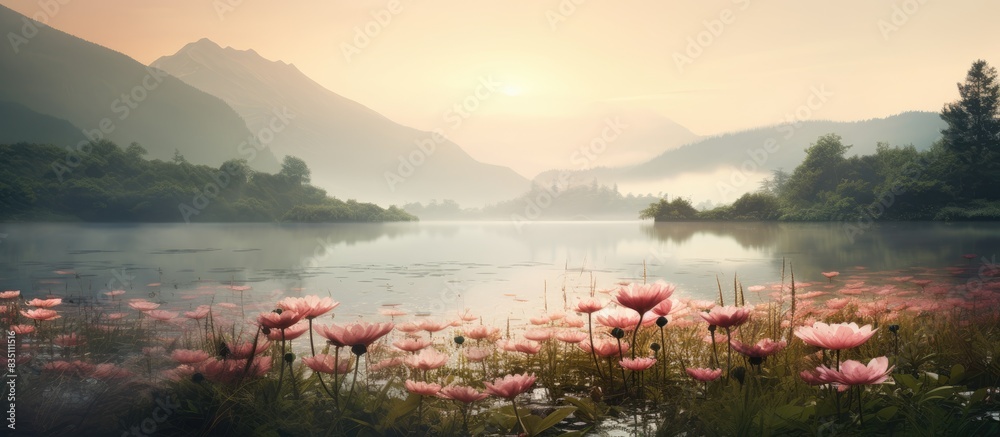 Poster Scenic location with a captivating haze creating an enchanting ambiance, perfect for a copy space image.