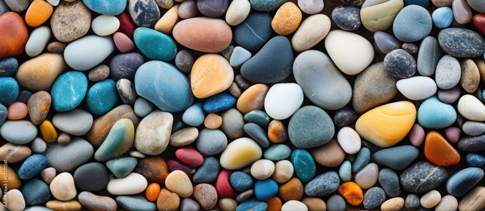 Poster top view of colorful pebbles on the sandy beach with a textured finish, creating an eye-catching cop