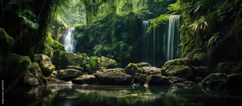 Poster nature scene with a picturesque waterfall cascading into a serene rock pool, set in a lush forest wi
