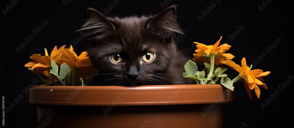 Aufkleber A dark furred cat rests inside a flowerpot with space for text or images. with copy space image. Place for adding text or design
