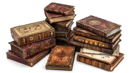 A high-resolution image featuring piles of ancient magic books, each stack isolated on a clean white background. The books have aged, leather-bound covers with intricate gold embossing and mysterious