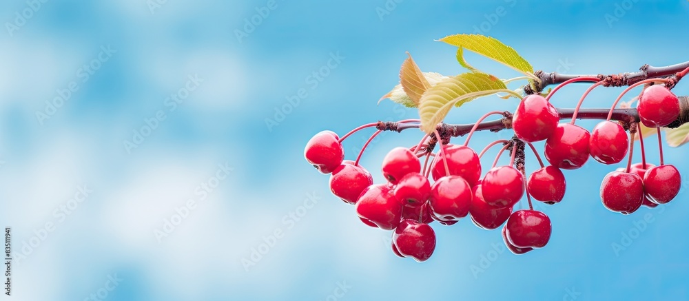 Poster Tree branch with cherries, creates a picturesque scene with copy space image for adding text or graphics.