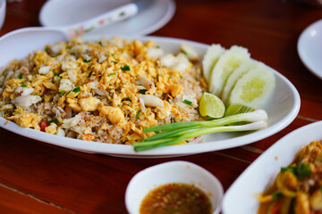 Crab fried rice on dish, with veggy. Thai delicious food
