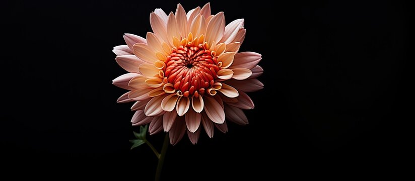 A flower is seen from above in a studio setting against a black background in a photograph with copy space image.