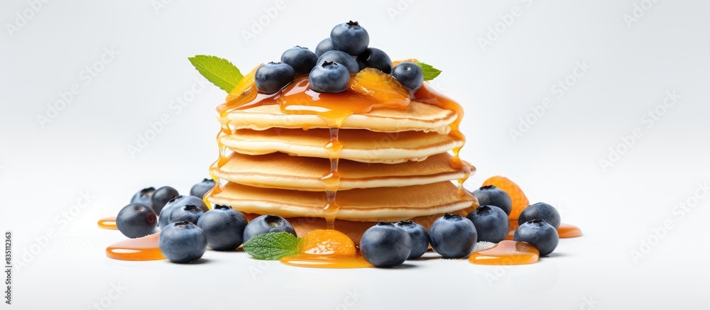Aufkleber Pancakes topped with apricot jam and blueberries on a white backdrop with copy space image.