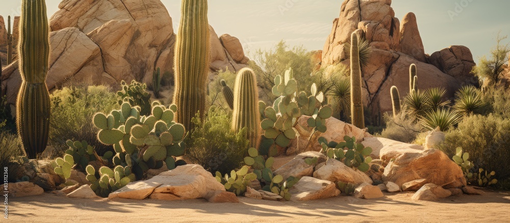 Poster vertical image featuring large cacti and rocks illuminated by sunlight, suitable for copy space imag