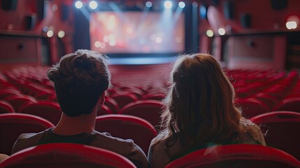 Fototapeta premium Back view of a young couple sitting in the seats of a theater enjoying the show.