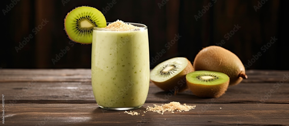 Aufkleber smoothie featuring a blend of pear, kiwi, and ginger, presented on a rustic background with ample co