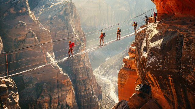 Several people cross a dangerous suspension bridge