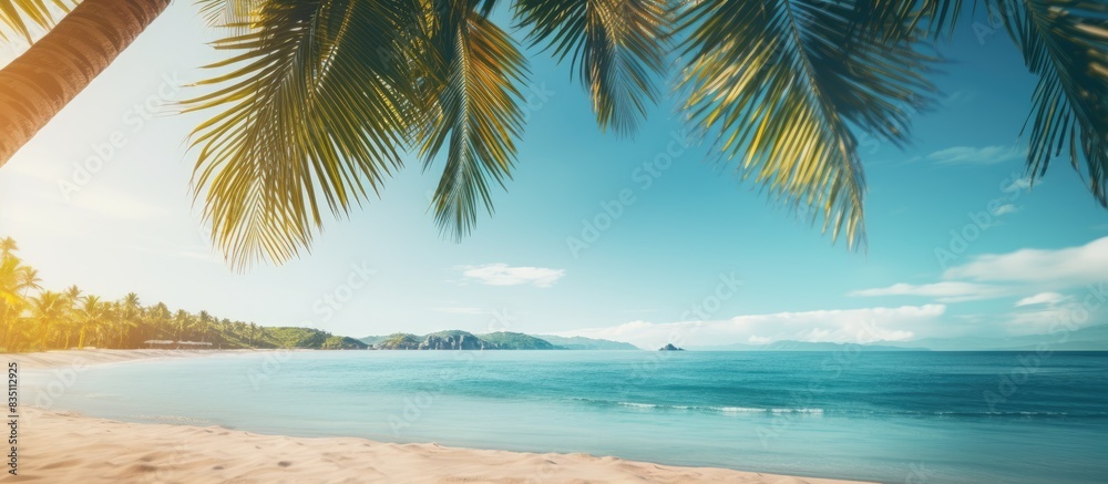 Poster blurred palm trees and a tropical beach create a summery vacation vibe in the background of this ima