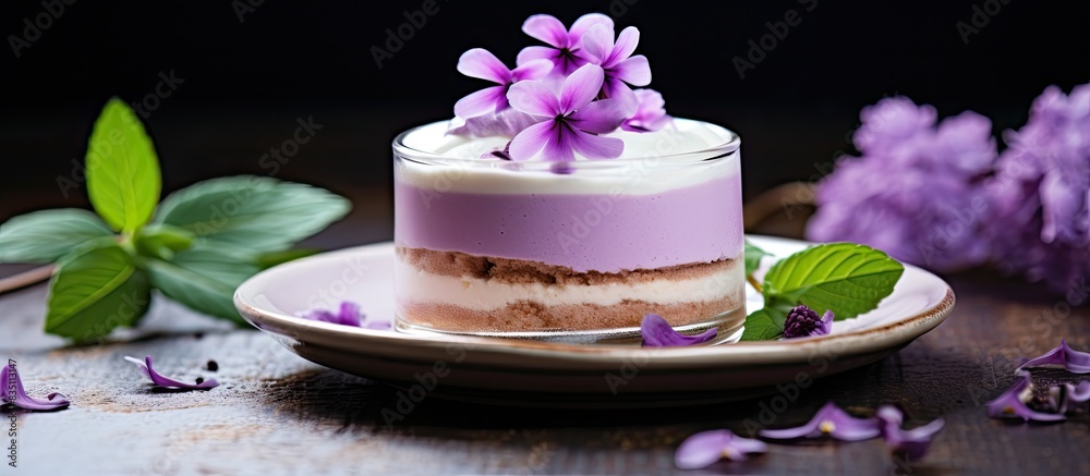 Poster sweet dessert decorated with a purple flower on top, creating an appealing look with a copy space im