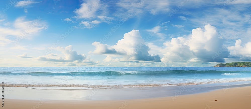 Poster The stunning clouds form a captivating backdrop against the sandy beach, creating a picturesque scene with ample copy space image.