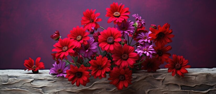 A beautiful 'Red' Pericallis senetti floral arrangement with a textured background for copy space image.