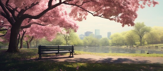 Spring Park, a picturesque location with abundant greenery and tranquil vibes, perfect for relaxing strolls and picnics, providing a serene backdrop for photographs with copy space image.