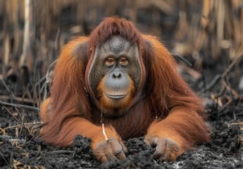 Obraz premium Orangutan in Burned Forest