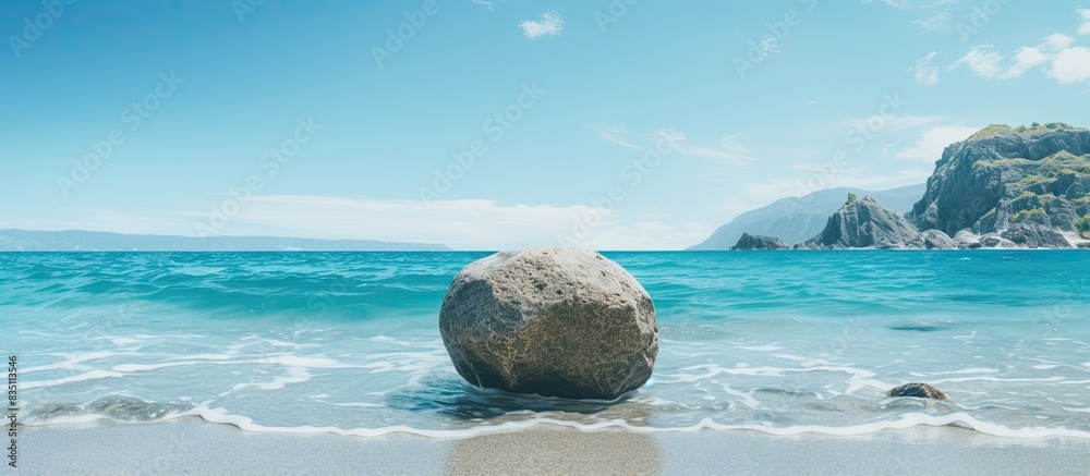 Poster Large rock in the ocean with a clear beach in the background, ideal for a copy space image.