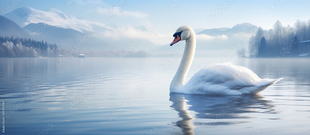 Poster swan floating gracefully on serene lake, surrounded by copy space image,