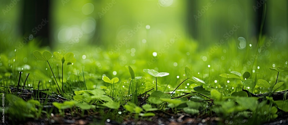 Poster luscious green grass and fresh leaves on trees glistening with rain droplets, creating a serene natu