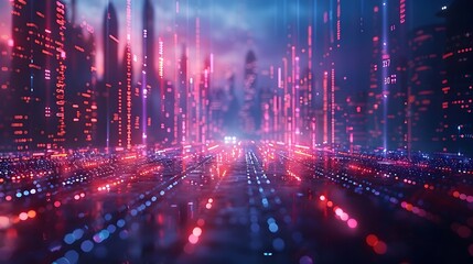 Obraz premium Futuristic Cityscape with Neon Illuminated Skyscrapers and Urban Landscape