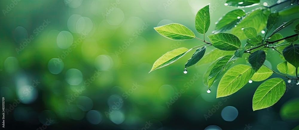 Aufkleber blurred green leaves, soft bokeh lights, and golden raindrops create a natural abstract background i