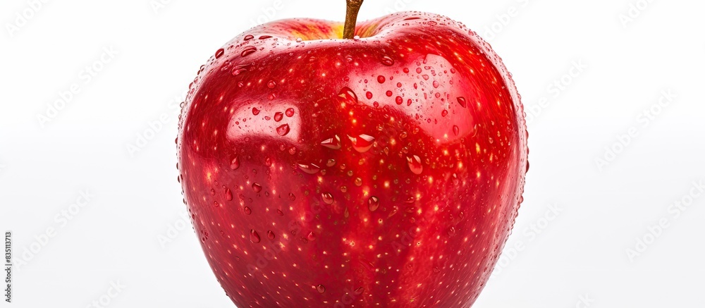 Poster Red apple on a white background, isolated with a clipping path, photographed professionally in a studio with a macro lens and copy space image included.