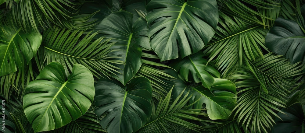 Poster capture a bird's-eye view of tropical palm leaves arranged for a flat lay composition with copy spac