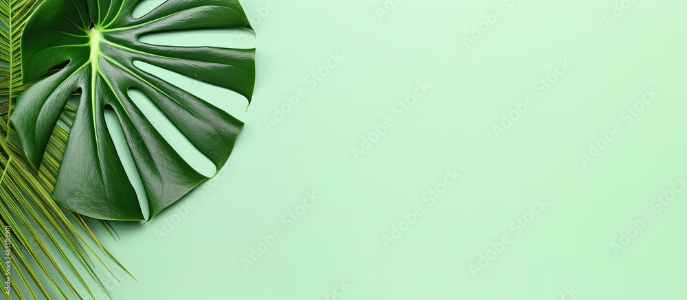 Poster Monstera leaf on a colorful background with room for text in the image. with copy space image. Place for adding text or design
