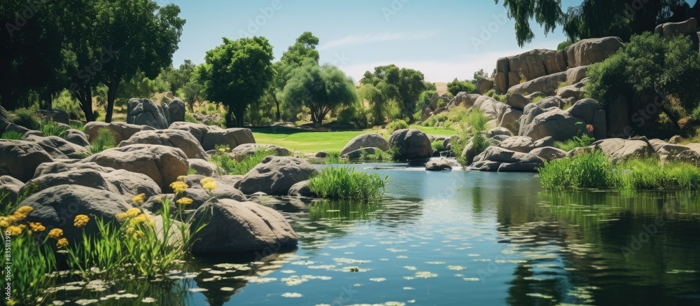 Poster a park with a small freshwater lake surrounded by large rocks and lush green plants, creating a scen
