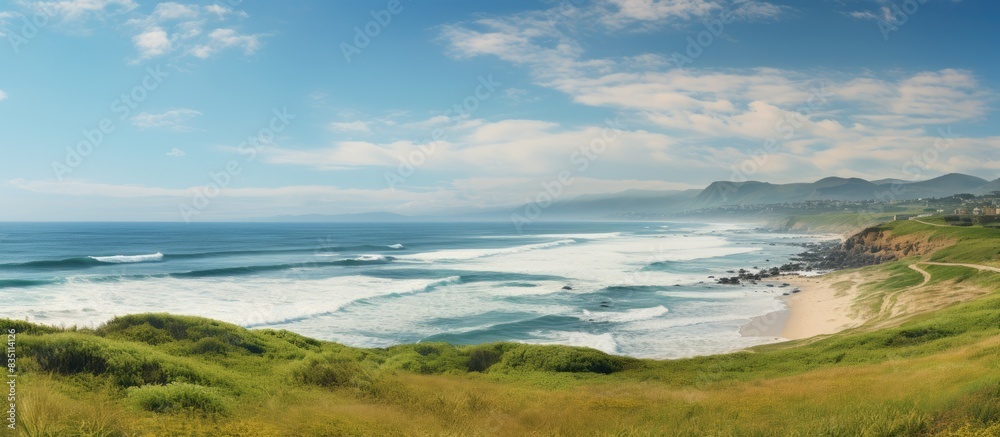 Aufkleber panoramic view of beach from hilltop with landscape in copy space image.