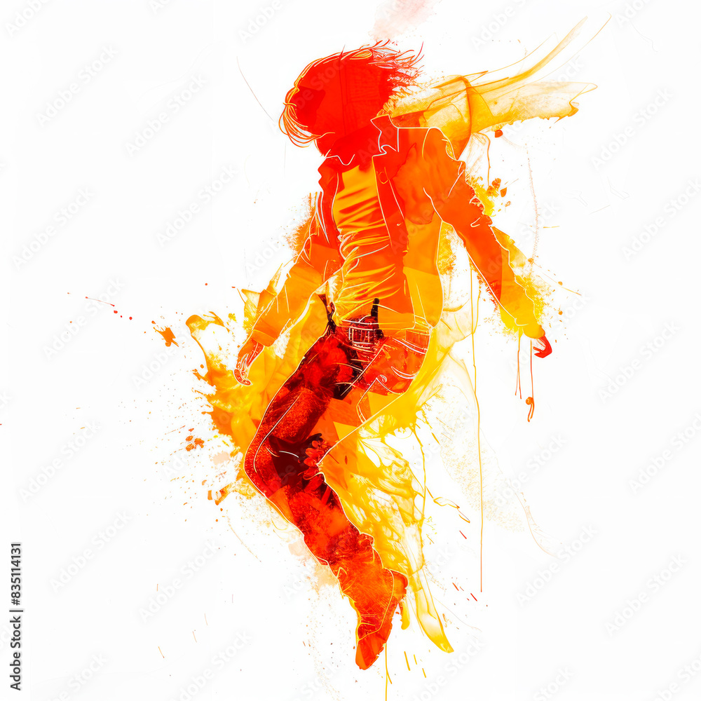 Poster dynamic silhouette of a person with splashing orange and yellow colors, against a white background, 
