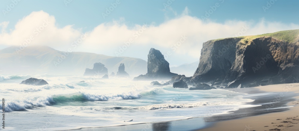 Poster scenic beach on a rugged ocean coastline with crashing surf, perfect for a copy space image.